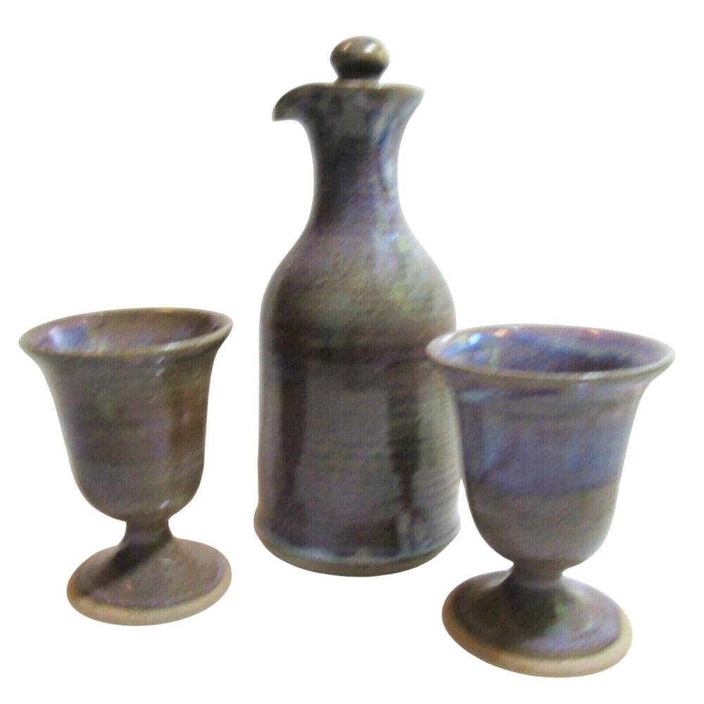 Studio Pottery Decanter Pitcher Two Wine Goblets & Stopper Purple Gray Glazed